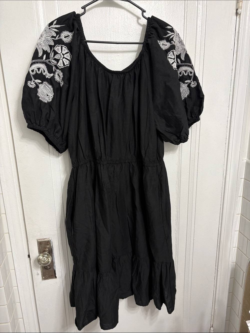 Knox Rose Black Midi Dress with White Embroidered Puff Sleeves